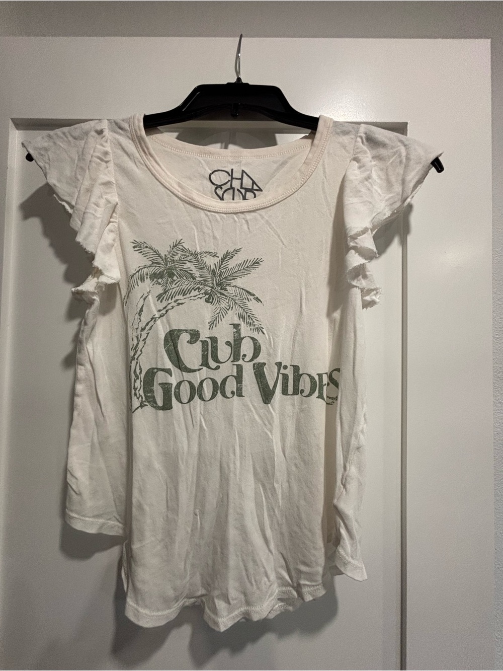 White  "Club Good Vibes" Graphic Ruffle Sleeve Tee